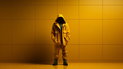 Man in yellow jacket with backpack, surreal fashion photography, bold colorism.