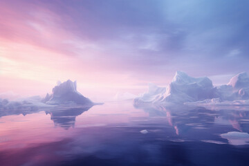 Ice floe in water at midnight sun, surrealism, wildlife photography, misty atmosphere. - obrazy, fototapety, plakaty