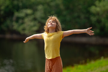 Kid dreams on future. Carefree kid dreaming outdoor. Childhood dream concept. Blonde cute daydreamer child dream on fly. Dreams and imagination. Creative kid. Funny little kid face.