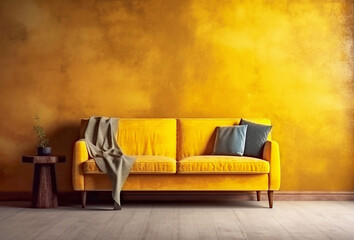 Sofa on a background of yellow wall front view, concept of modern minimalist interior.