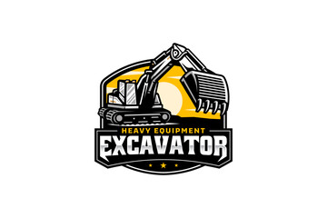 Excavator construction with yellow background logo vector design
