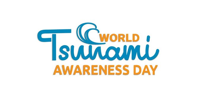 World Tsunami Awareness Day text animation with Sea Waves roll. Beautiful Handwritten calligraphy text with alpha channel. Great for awareness campaigns about tsunami disaster emergency response.