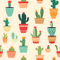 Cactus in a pot icon set, flat style, vector illustration background pattern, house plant.