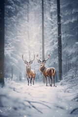 Two majestic reindeer or caribou standing together in the deep arctic winter pine forest with snowflakes. Generative AI.