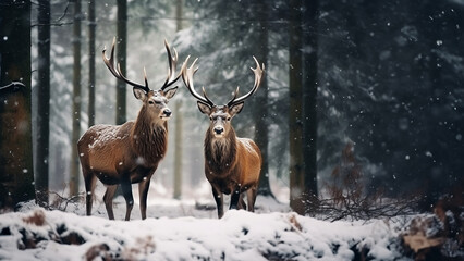 Naklejka na ściany i meble Two majestic reindeer or caribou standing together in the deep arctic winter pine forest with snowflakes. Generative AI.