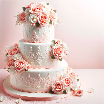 Photo of a multi-tiered wedding cake adorned with pink roses and delicate lace patterns, set against a soft pastel background