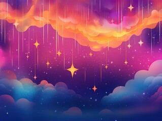 Abstract rainbow background with clouds and stars on sky. Fantasy pastel color unicorn wallpaper. Cute landscape.