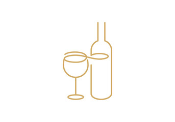 wine bottle and glass logo design, linear style label for restaurant or cafe symbol vector
