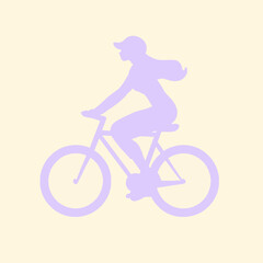 Purple cyclist silhouette on cream background. Woman cycling, flowing hair, showcasing activity and fresh air fun.