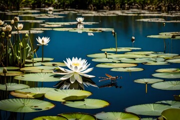 Lake with lovely white lotus bloom and dragonfly