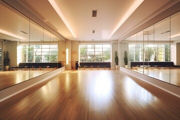 Spacious, well-lit yoga room with mirrors. Generative AI