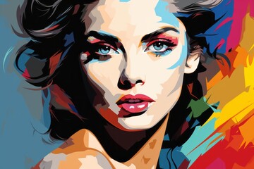 Obraz premium Beautiful female retro fashion model pop art, realistic illustration on a vibrant colourful background. Fashion Poster Girl