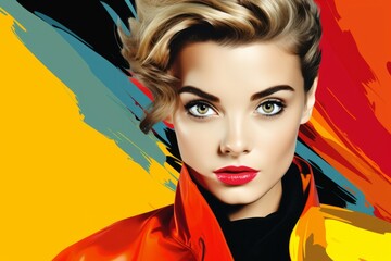 Obraz premium Beautiful female retro fashion model pop art, realistic illustration on a vibrant colourful background. Fashion Poster Girl