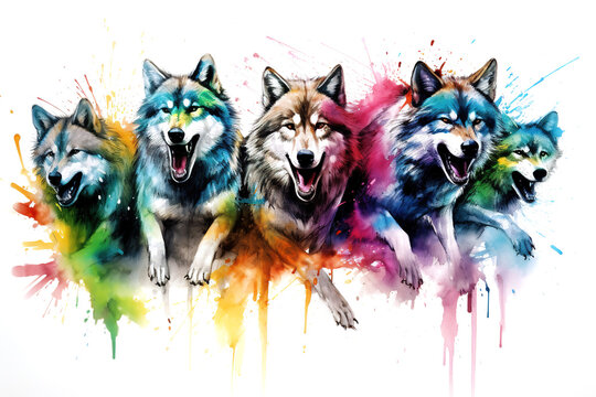 Image of herd of colorful wolf is running on white background. Wildlife Animals.