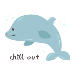 Foto op Canvas Template text Chill out with cute cartoon Dolphin. Sea poster, print, card, kids apparel decor, sticker. Vector illustration © Dukhanina Ekaterina