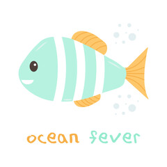 Template text Ocean Fever with cute cartoon Fish. Sea poster, print, card, kids apparel decor, sticker. Vector illustration