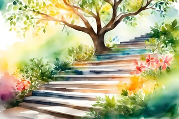 Illustration of a watercolor stairs tree in a vibrant spring watercolor painting style