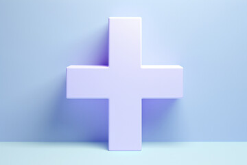 The model of light purple shiny cross or plus symbol isolated on the simple bright solid background. Generative AI.
