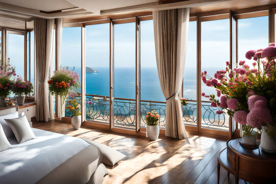 Luxury Hotel room with Scenic Nature View and Indoor Flowering Plant
