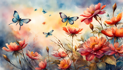 watercolor llustration of a landscape of blossoms, flower, branches, dragonflies and butterflies with a sky background