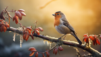 Fototapeta premium small abstract bird on a branch, winter greeting card greeting background wildlife copy space
