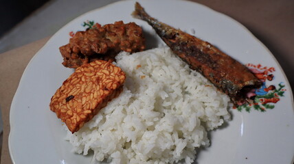 white rice with side dishes of fried salted fish with chili sauce and fried tempeh