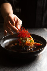 Chef's hand garnishing a dish.