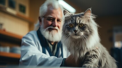 The grey fuffy cat sit in a animal hospital on a couch with veterinarian kind doctor	