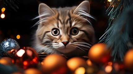 Cute little gray plush Munchkin kitten sits under a green Christmas fir tree with Christmas balls....