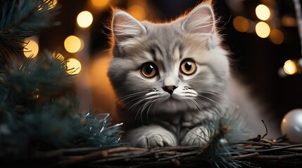 Cute little gray plush Munchkin kitten under a green Christmas fir tree with Christmas lights