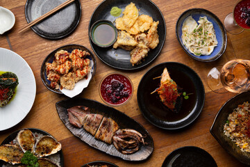 Flat lay of modern Japanese food.