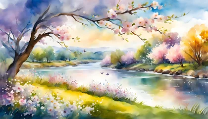 Plexiglas foto achterwand watercolor illustration of a landscape with flowers, branches, trees, river and birds against the sky © Perecciv