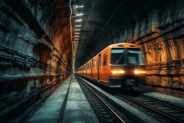 Fototapeta na wymiar Rapid train speeding through a dark subway. Generative AI