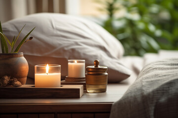 The view of lit aromatic scented candles placed on the bedside table to create relax atmosphere in a bedroom for resting and sleeping. Generative AI.