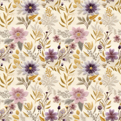 秋の色合いの花柄刺繍のシームレス背景イラスト