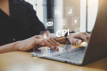 CPI, consumer price index concept, Businessman using laptop with CPI icons, Food inflation and crisis, Effect of inflation rate on prices, CPI analysis.