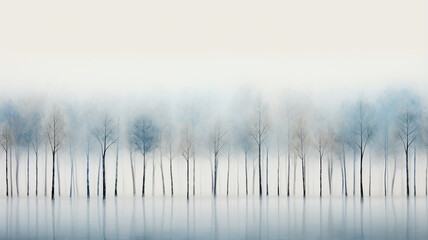 light white blue fog, a row of trees. watercolor abstract background late autumn, symbol landscape view cold light November, copy space blank blank - obrazy, fototapety, plakaty