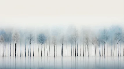 Stof per meter light white blue fog, a row of trees. watercolor abstract background late autumn, symbol landscape view cold light November, copy space blank blank © kichigin19