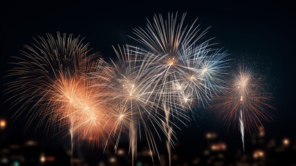 Fototapeta premium Golden fireworks isolated layer on black background, night festive view abstract