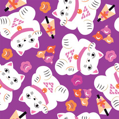 Awesome maneki-neko cat seamless pattern Modern cute japanese template texture with lucky charms Vector flat trendy illustration