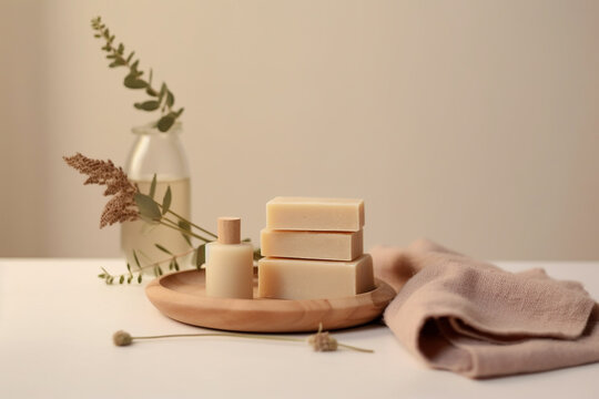 Still life, health care, cosmetics concept. Natural soap bricks or bars placed on table in minimalist background. Soft brown and beige colors. Generative AI