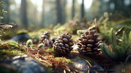 Forest's Hidden Treasures: Pine Cones Amidst the Greenery,pine cone in the forest