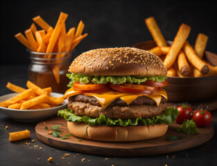 The fresh and delicious cheeseburger with fries on a dark black background.