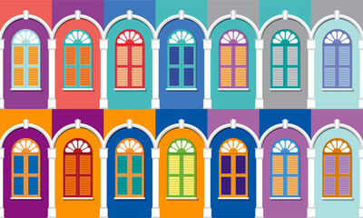 Colonial style shop house's windows with multiple colour. Vector. Horizontal and vertical mode available.