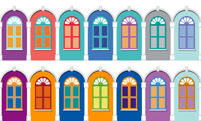 Fototapeta premium Colonial style shop house's windows with multiple colour. Vector. Horizontal and vertical mode available.
