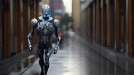 Fototapeta na wymiar Futuristic Android Robot with a Metal Suit Emerges from the Blurred Background