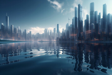Fototapeta premium super futuristic cityscape with the city harbor in water reflections below generative ai