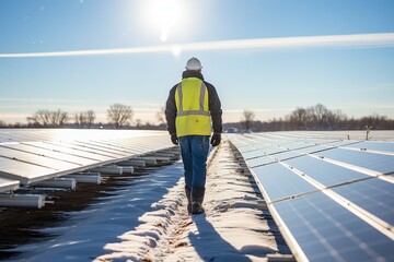 A construction worker walks through a sunny field with solar panels covered in snow. A lone figure walks towards the horizon amid a snowy landscape, flanked by solar panels and wind turbines at dawn