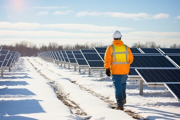 A construction worker walks through a sunny field with solar panels covered in snow. A lone figure walks towards the horizon amid a snowy landscape, flanked by solar panels and wind turbines at dawn