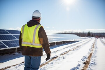 A construction worker walks through a sunny field with solar panels covered in snow. A lone figure walks towards the horizon amid a snowy landscape, flanked by solar panels and wind turbines at dawn